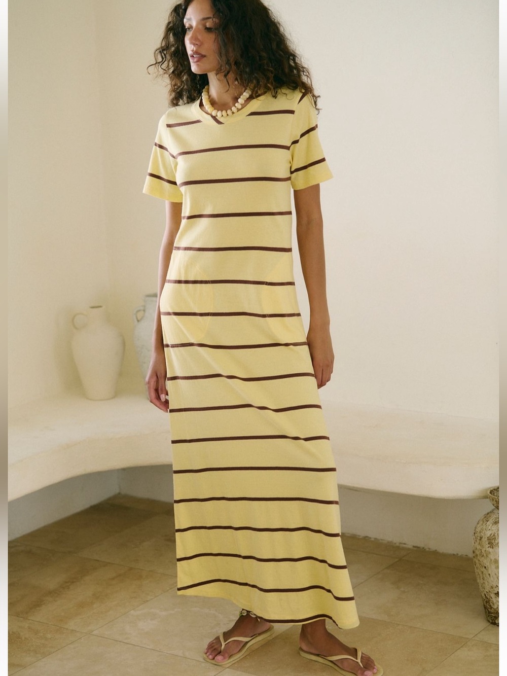 Free People Sleek and Stripes Cotton Jersey Maxi Dress Butter Yellow
